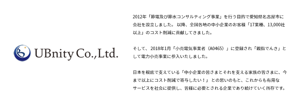 2012年「節電及び節水コンサルティング事業」を行う目的で愛知県名古屋市に会社を設立しました。 以降、全国各地の中小企業のお客様「17業種、13,000社以上」のコスト削減に貢献してきました。そして、 2018年1月「小売電気事業者（A0465）」に登録され「親指でんき」として電力小売事業に参入いたしました。日本を根底で支えている「中小企業の皆さまとそれを支える家族の皆さまに、今まで以上にコスト削減で寄与したい！」 との思いのもと、これからも有用なサービスを社会に提供し、皆様に必要とされる企業であり続けていく所存です。